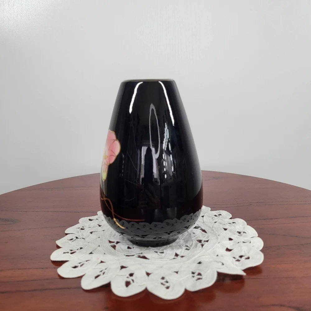 Vintage Andre R. Otagiri Black Bud Vase Crimson Rose Gold‎ Trim Made in Japan